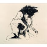 Angela Hampel, Zwei weibliche Akte. 1989.  Lithograph auf kräftigem gelblichen "Hahnemühle"-