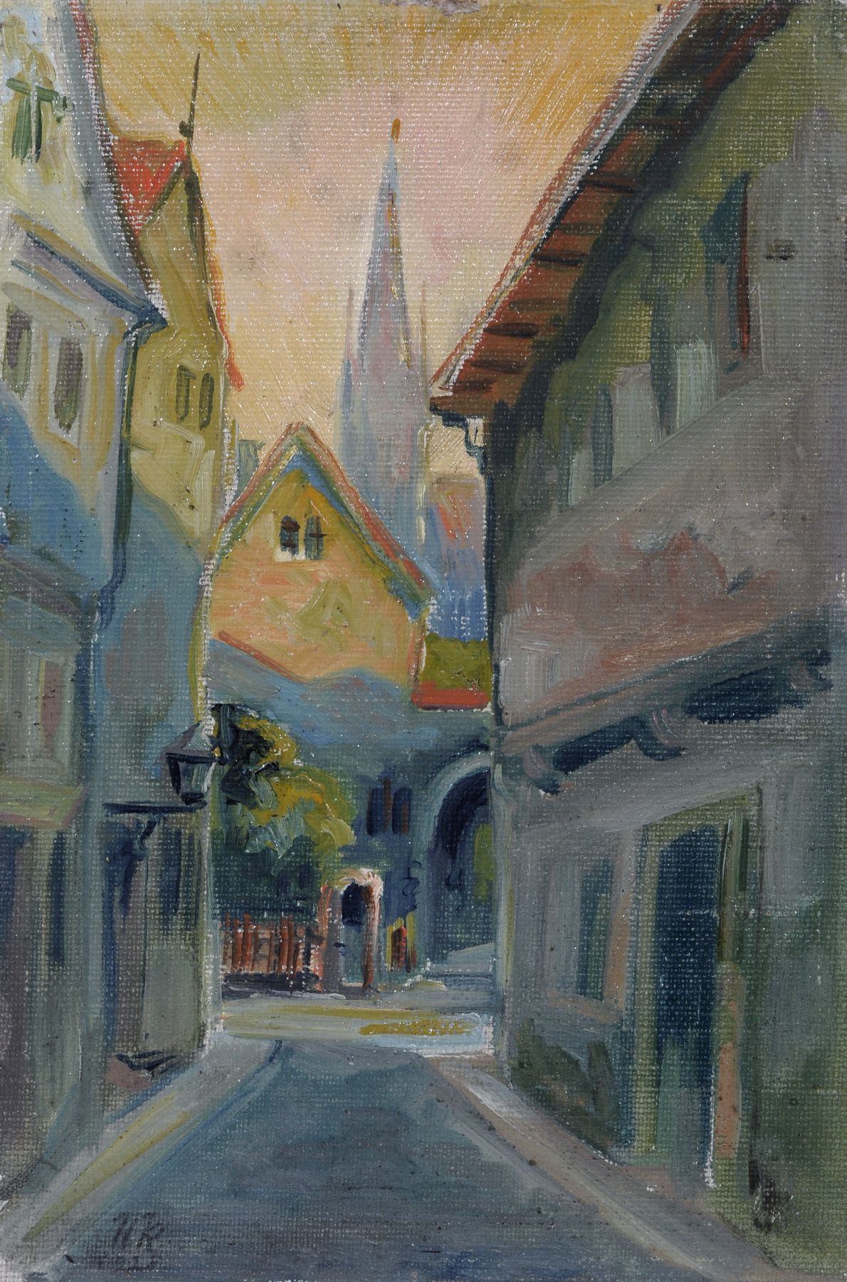 Hermann Rombach "Gasse in Bietigheim". 1923.  Oil on canvas, auf Sperrholz aufgezogen. In Blei