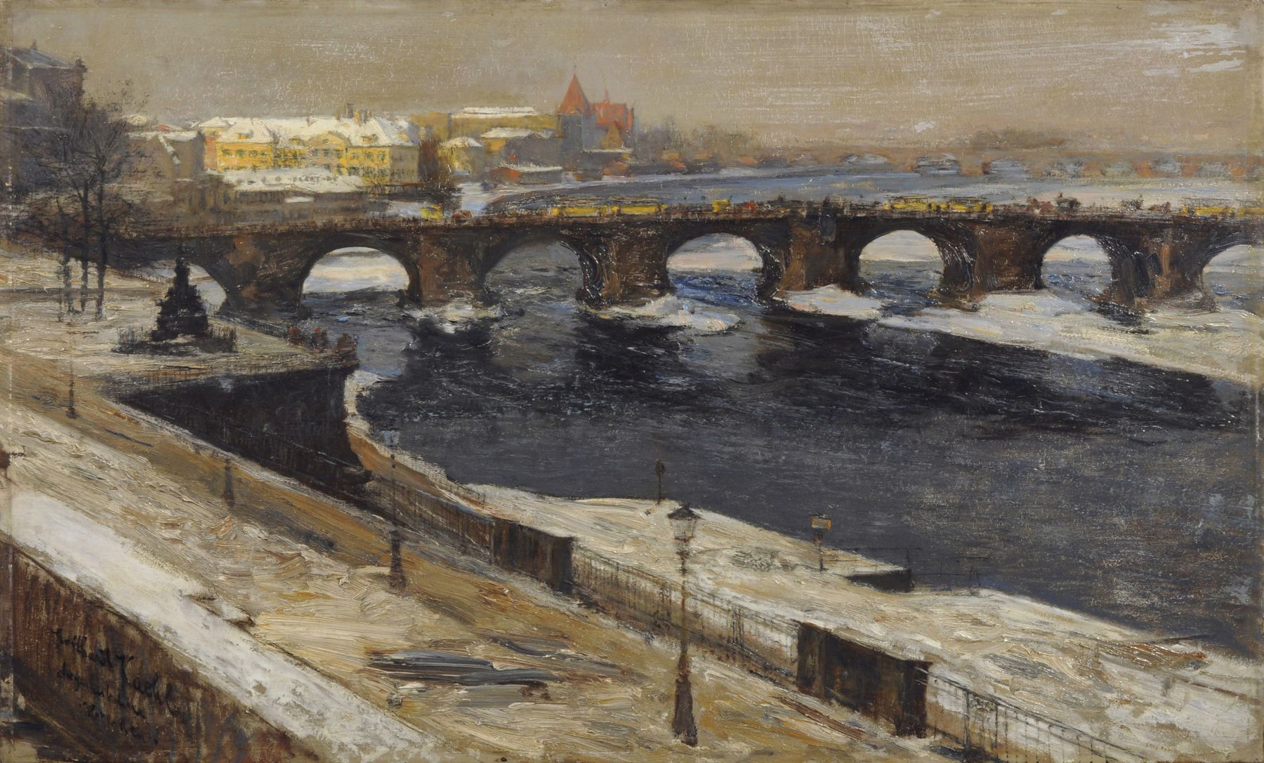 Gotthardt Kuehl "Augustusbrücke - Dresden". Um 1895- 1898.  Oil painting auf sehr kräftiger