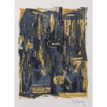 Rudolf Franke, Grau- Blaue Formen auf Gelb. 1968.  Wood cut in colours auf chamoisfarbenem