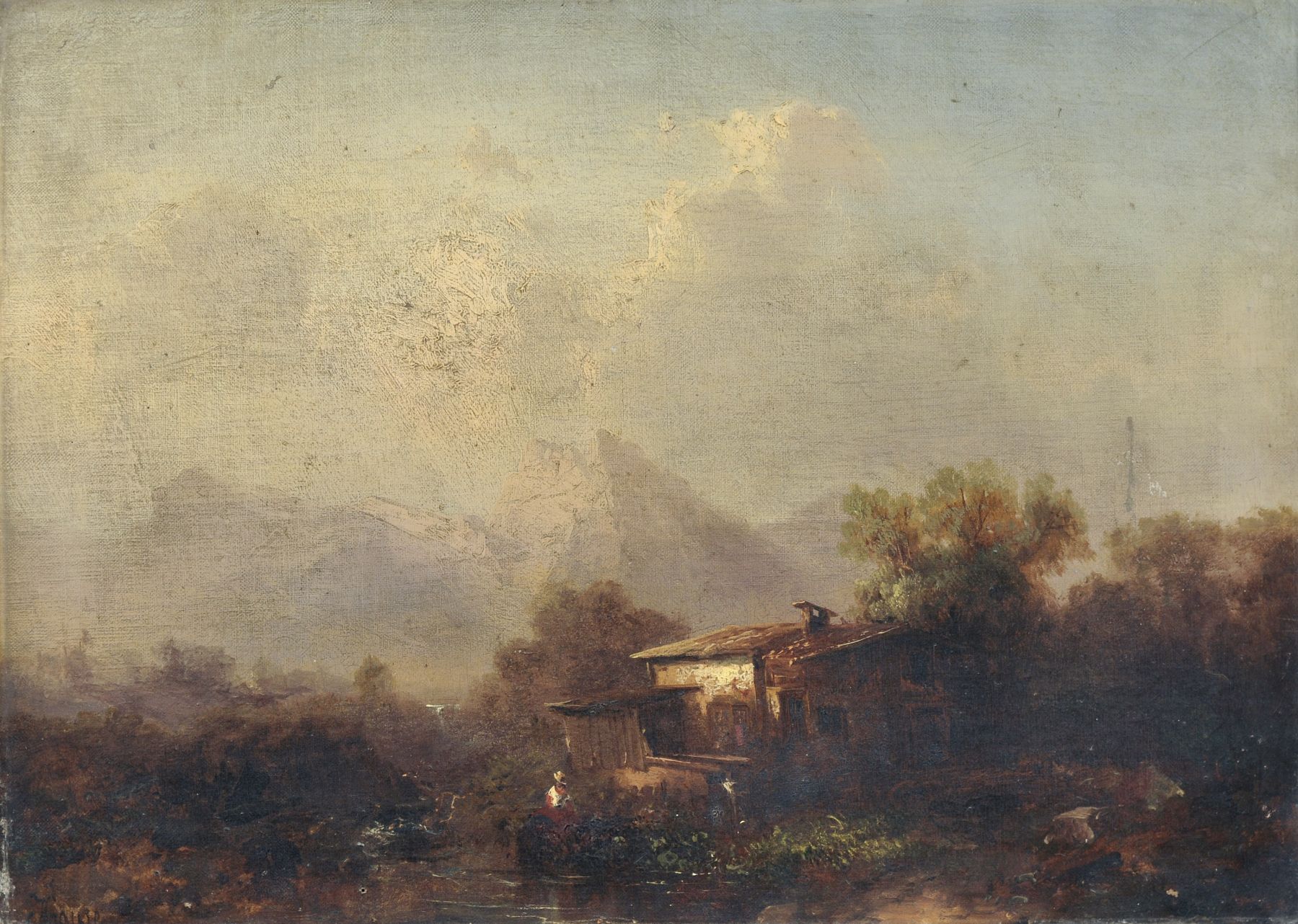 Franz Emil Krause, Weite Berglandschaft mit Hütte. 2nd half 19th cent.  Oil on canvas. Signiert "