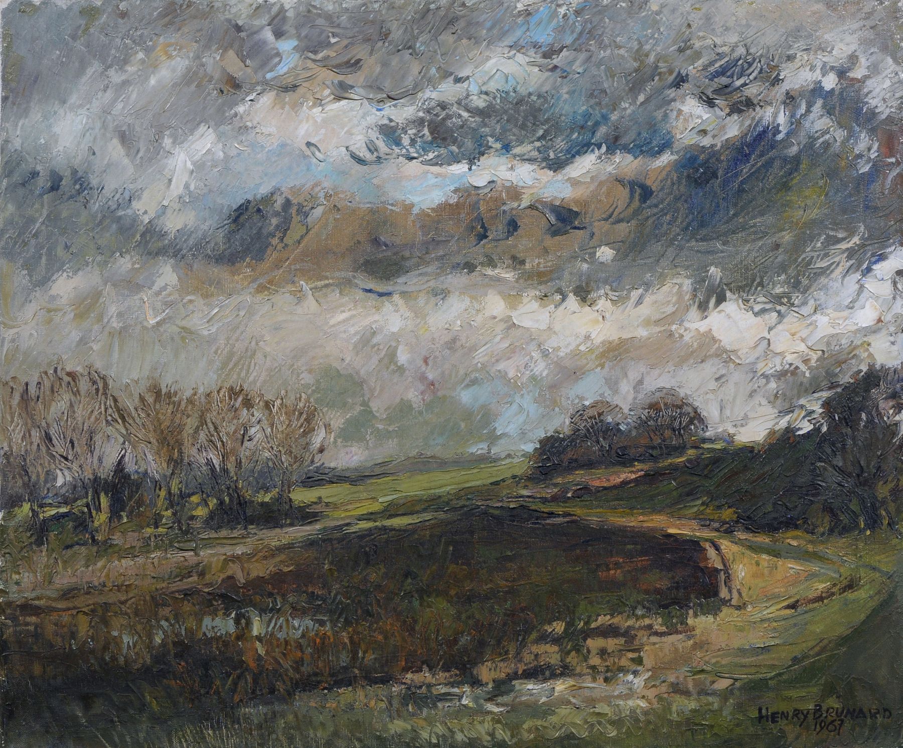 Henry Brunard, Stürmische Landschaft. 1967.  Oil on canvas. Signiert "Henry Brunard" und datiert u.