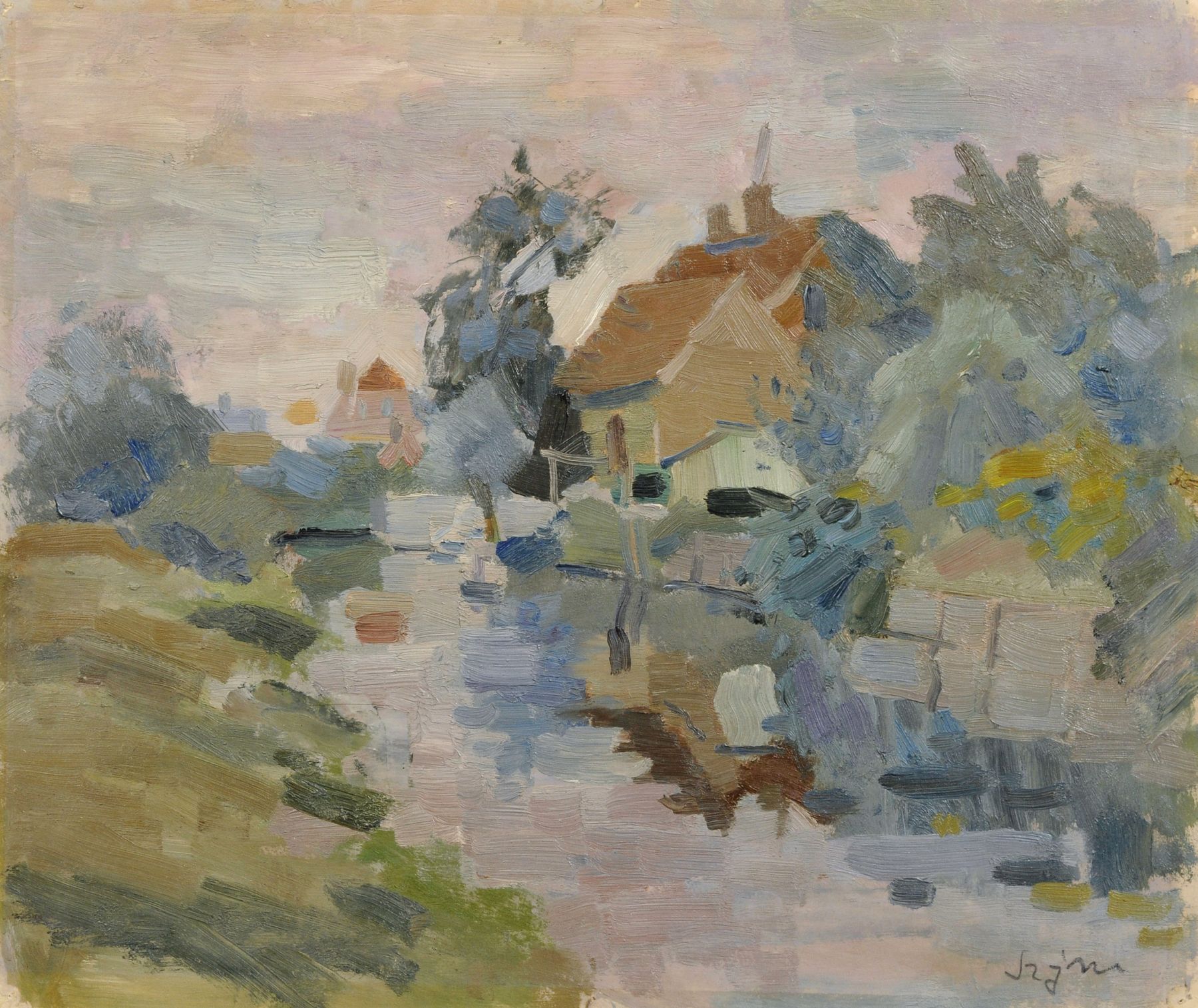 Hans Szym, Abendliche Landschaft mit Flußlauf und Häusern. 1930's.  Oil on paper. In Blei