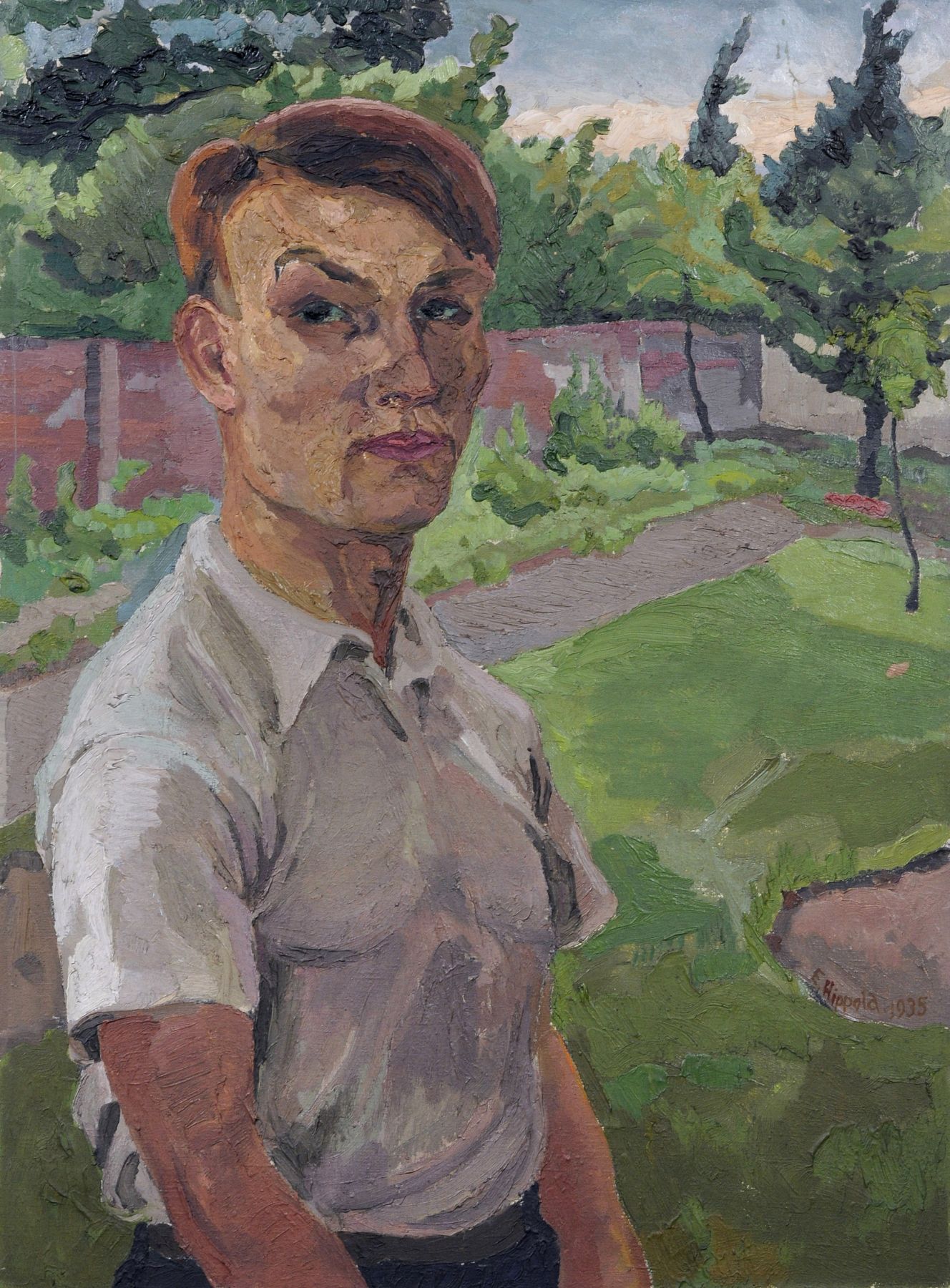 Erhard Hippold, Selbstbildnis im Garten der Villa Sorgenfrei. 1935.  Oil on canvas. Signiert "E.