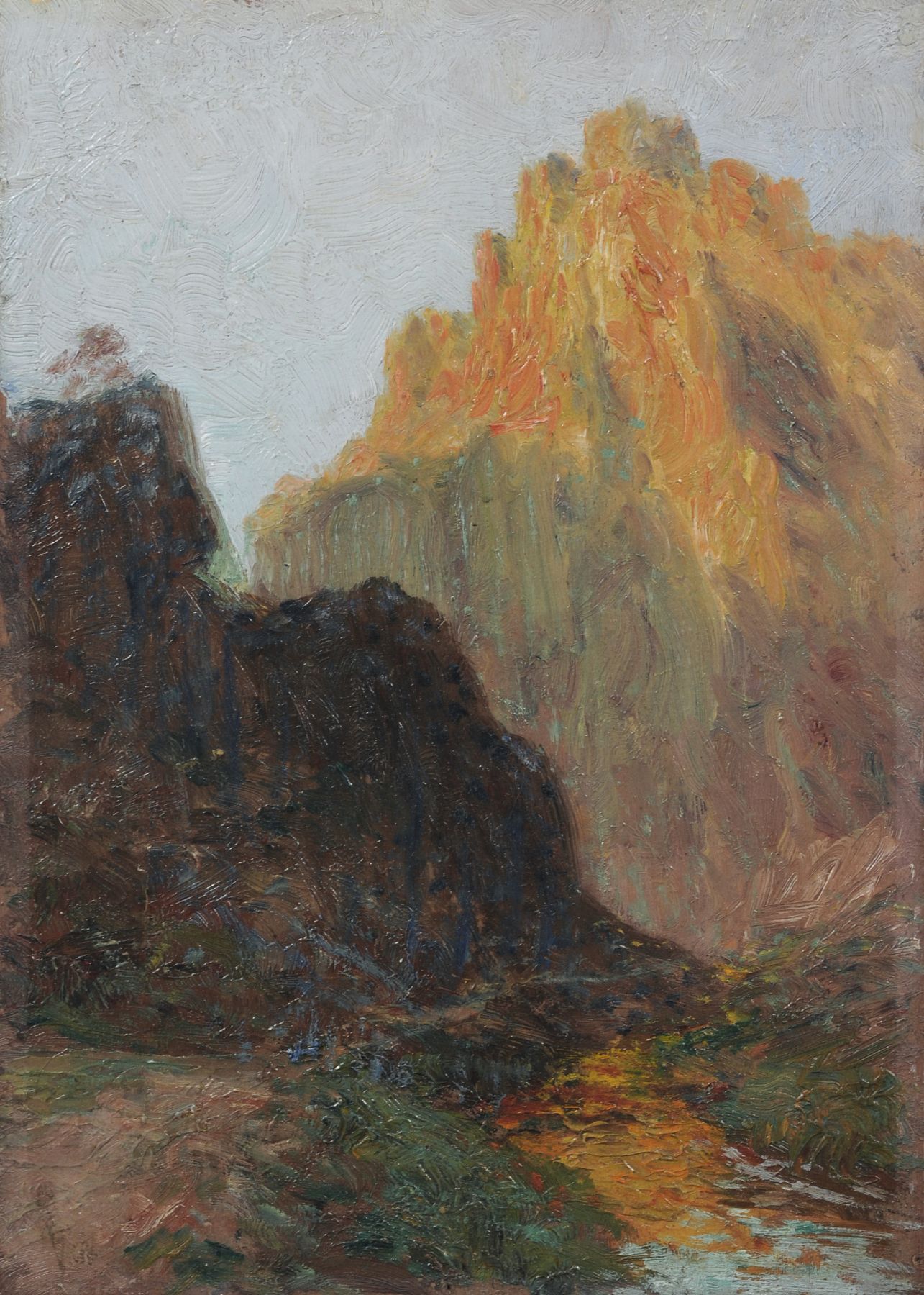 Francois Richard de Montholon, Bergige Landschaft im Abendrot. 1st half 20th cent.  Oil on wood