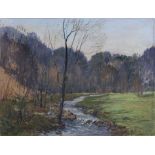 Rudolph Pilz-Bühlau, Spätwinterliche Waldlichtung mit Bachlauf. Early 20th cent.  Oil on