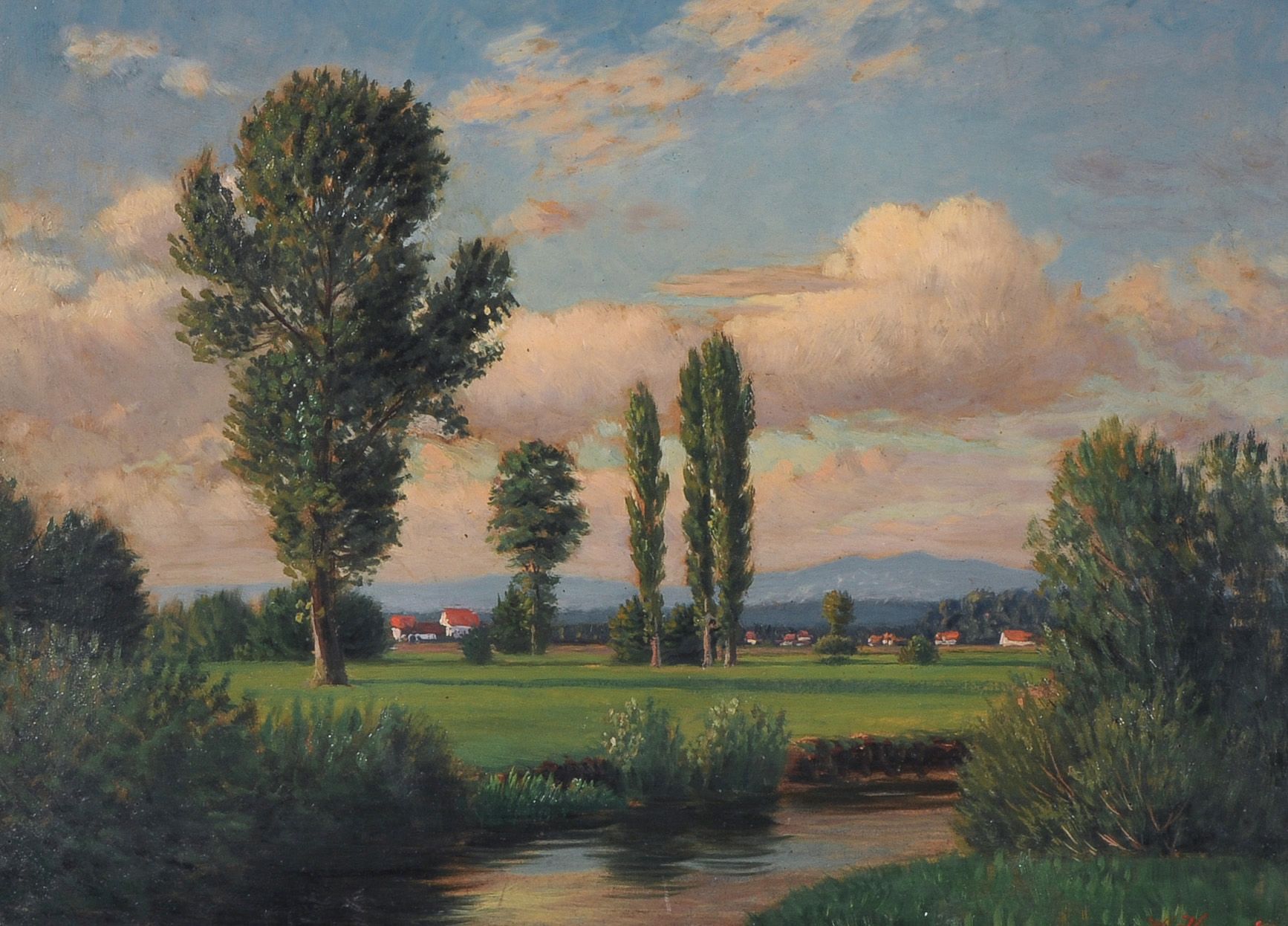 Wilhelm Harsing, Oberbayerische Landschaft. Late 19th cent.  Oil on cardboard. Signiert "W. Harsing"