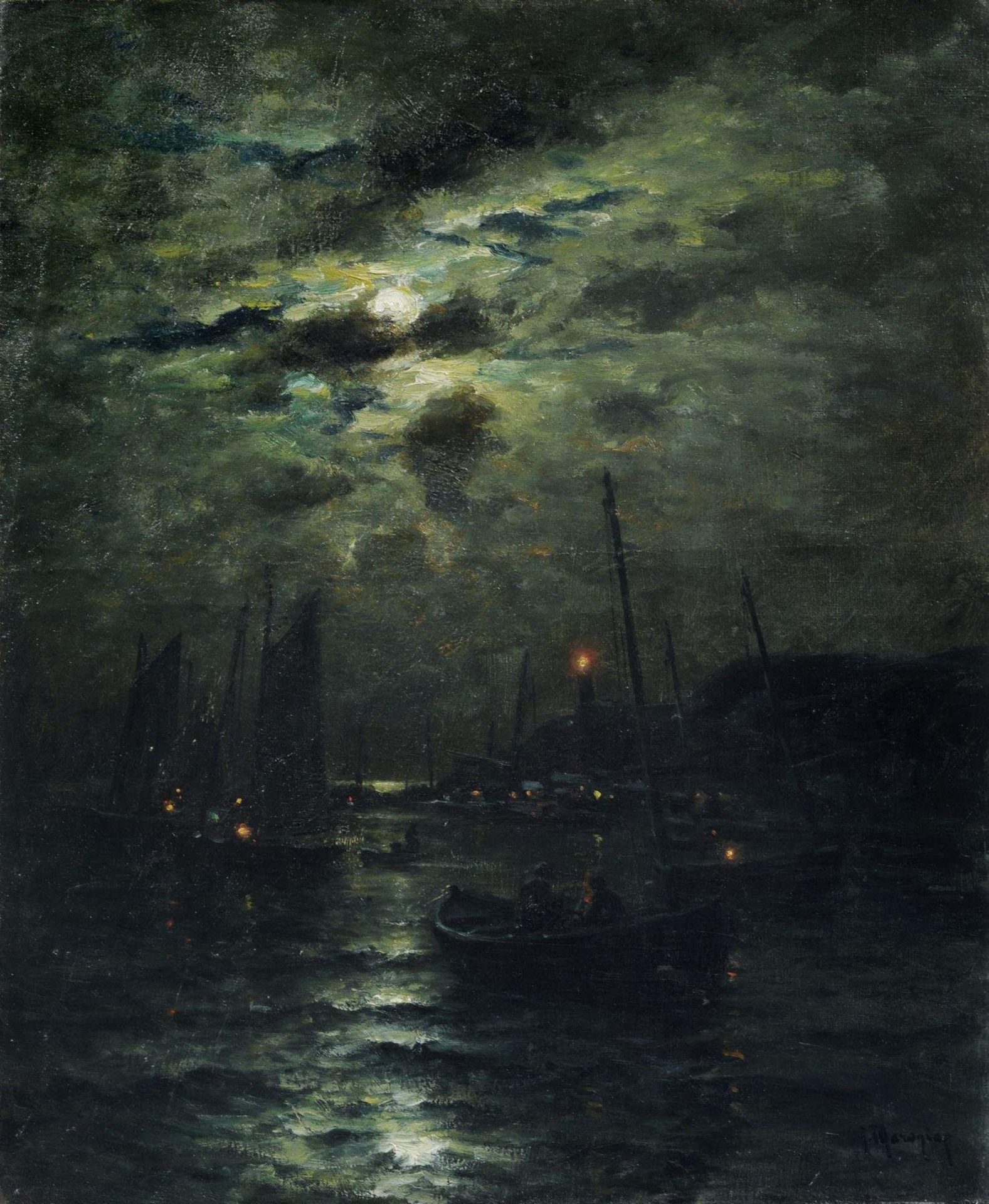 Georges Philip Charles Maroniez, Mondschein in einem Hafen an der nordfranzösischen Küste. Um 1889.