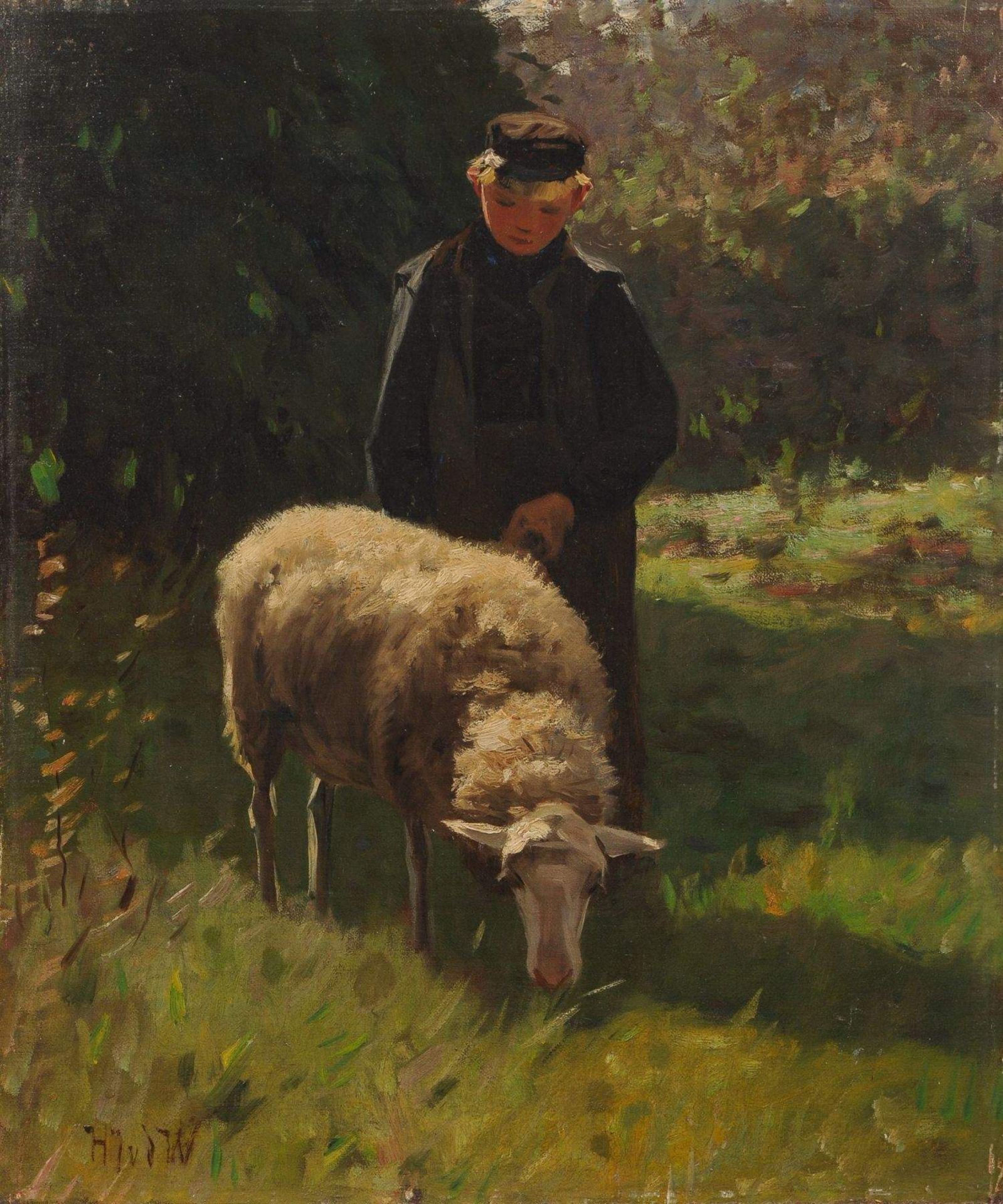 Hermann Johannes van der Weele, Hütejunge mit seinem Schaf auf einer Lichtung. 2. H. 19. Jh.Öl auf