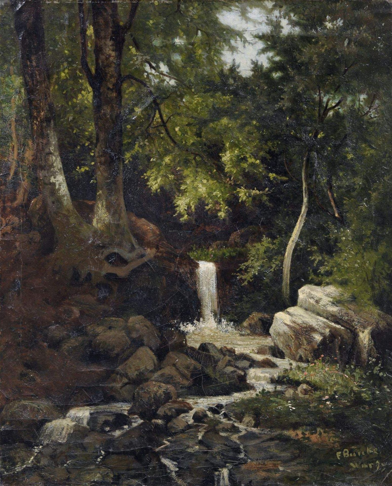 Franz Bunke, Waldstück mit Quelle. 1879.Öl auf Leinwand. Signiert "F. Bunke", ortsbezeichnet "W[ei]