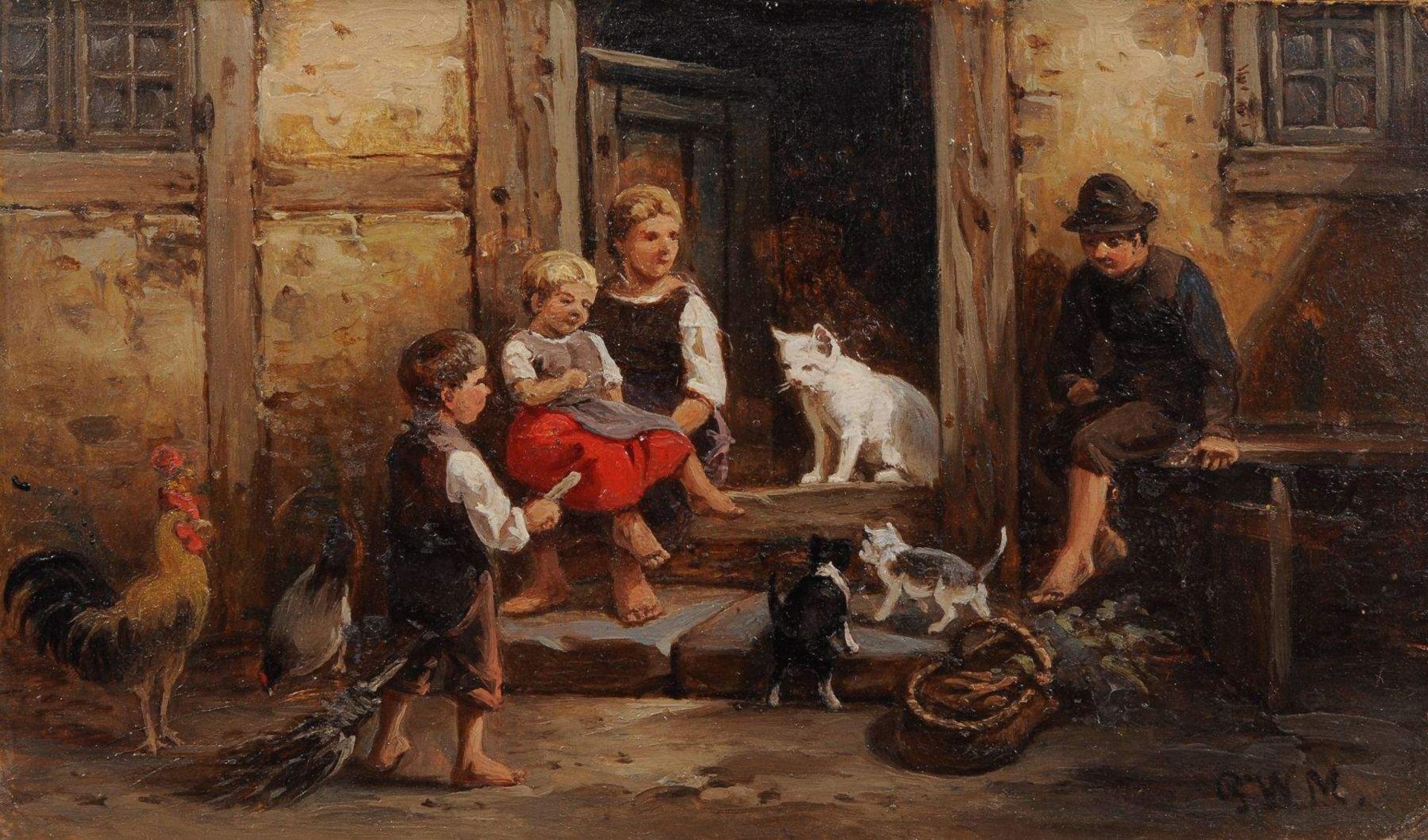 Paul Wilhelm Meyerheim, Kinder, Katzen beim Spiel zuschauend. 2. H. 19. Jh.Öl auf Malpappe.
