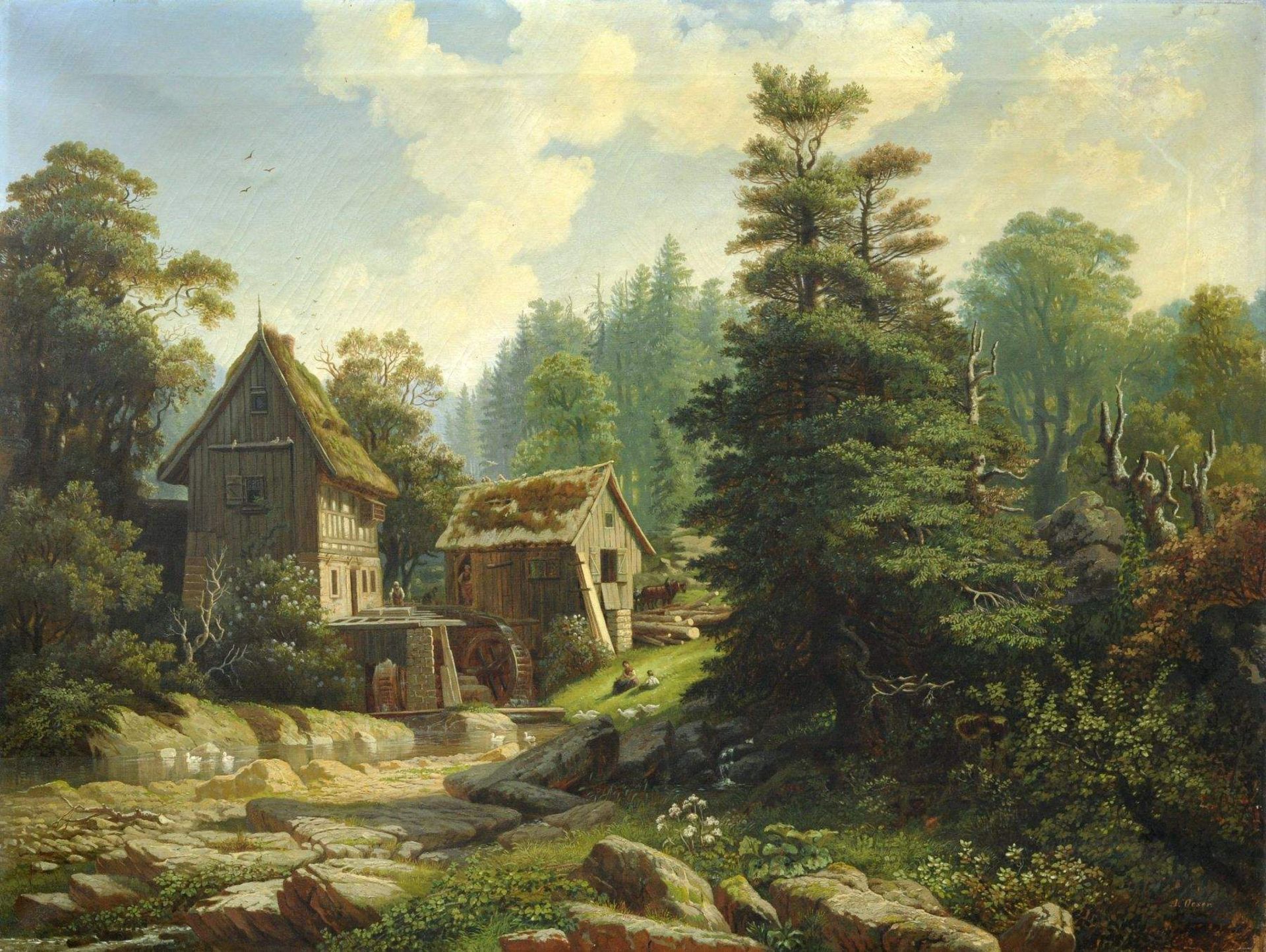August Leberecht Oeser, Kleine Mühle im Grund (Sächsische Schweiz). Um 1860.Öl auf Leinwand.