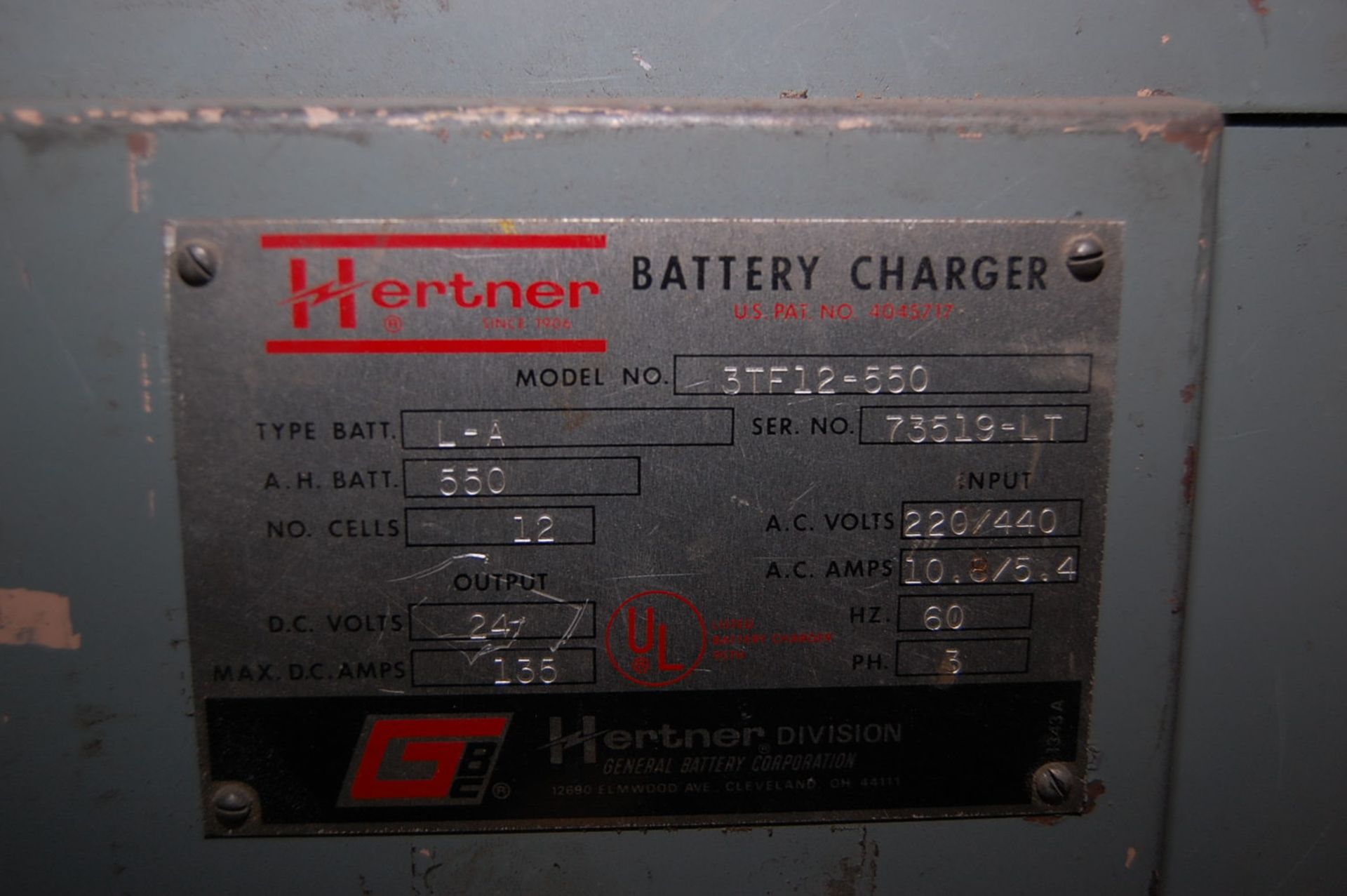 Hertner Model #3TF-12-550 Electric Battery Charger Type Battery L-A/24 Volt - Image 2 of 2