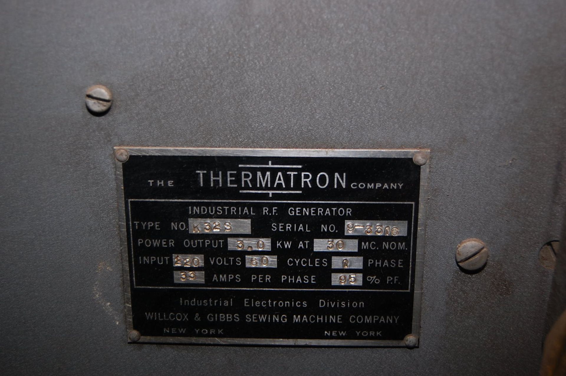 Thermatron Type #K325 Welder/RF Generator, SN 9-3316 - Image 2 of 2