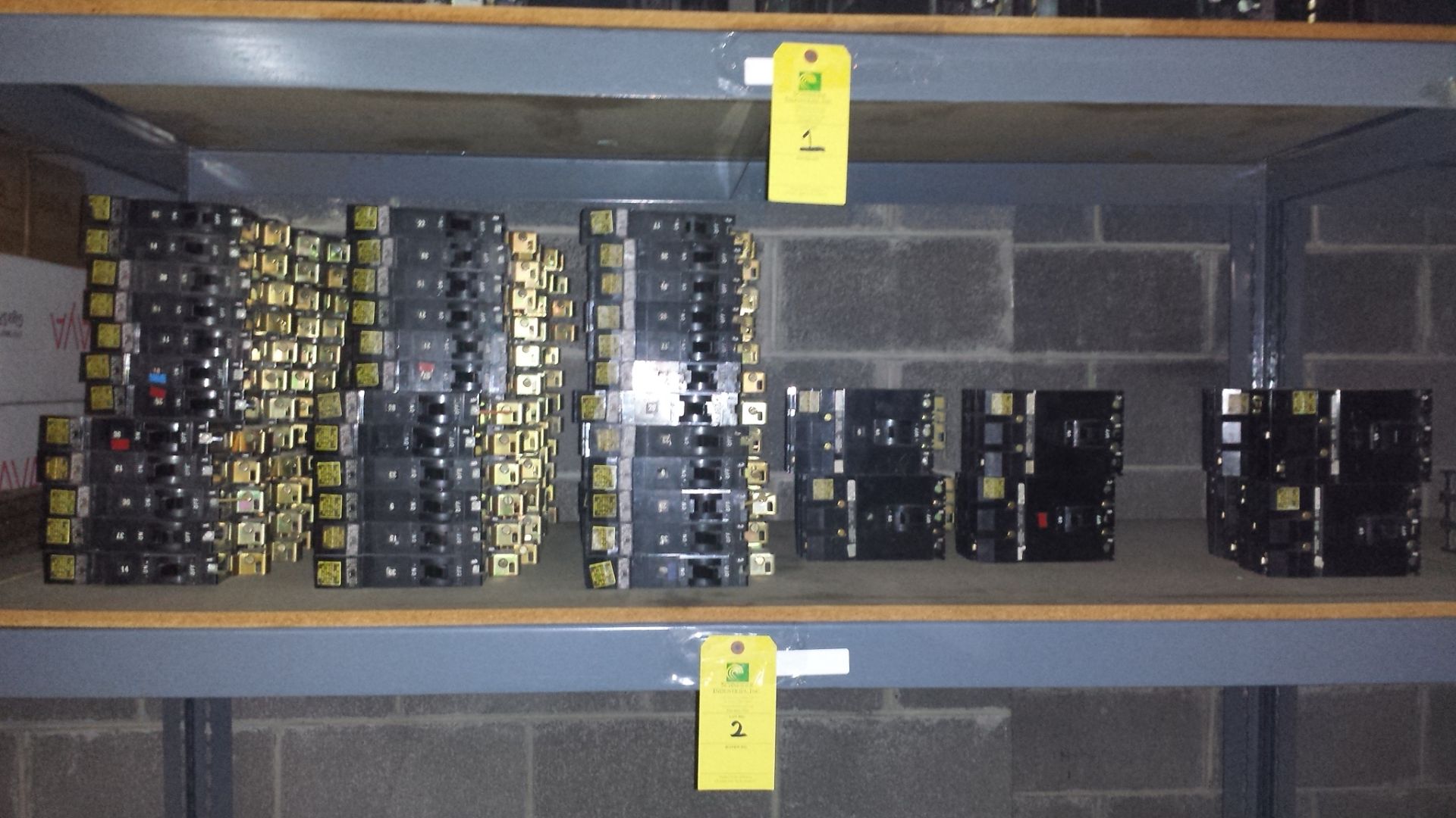 One Shelf of Square D Circuit Breakers Including: FY14020A=53, FY14020B=53, FY14020C=54, FA34030=