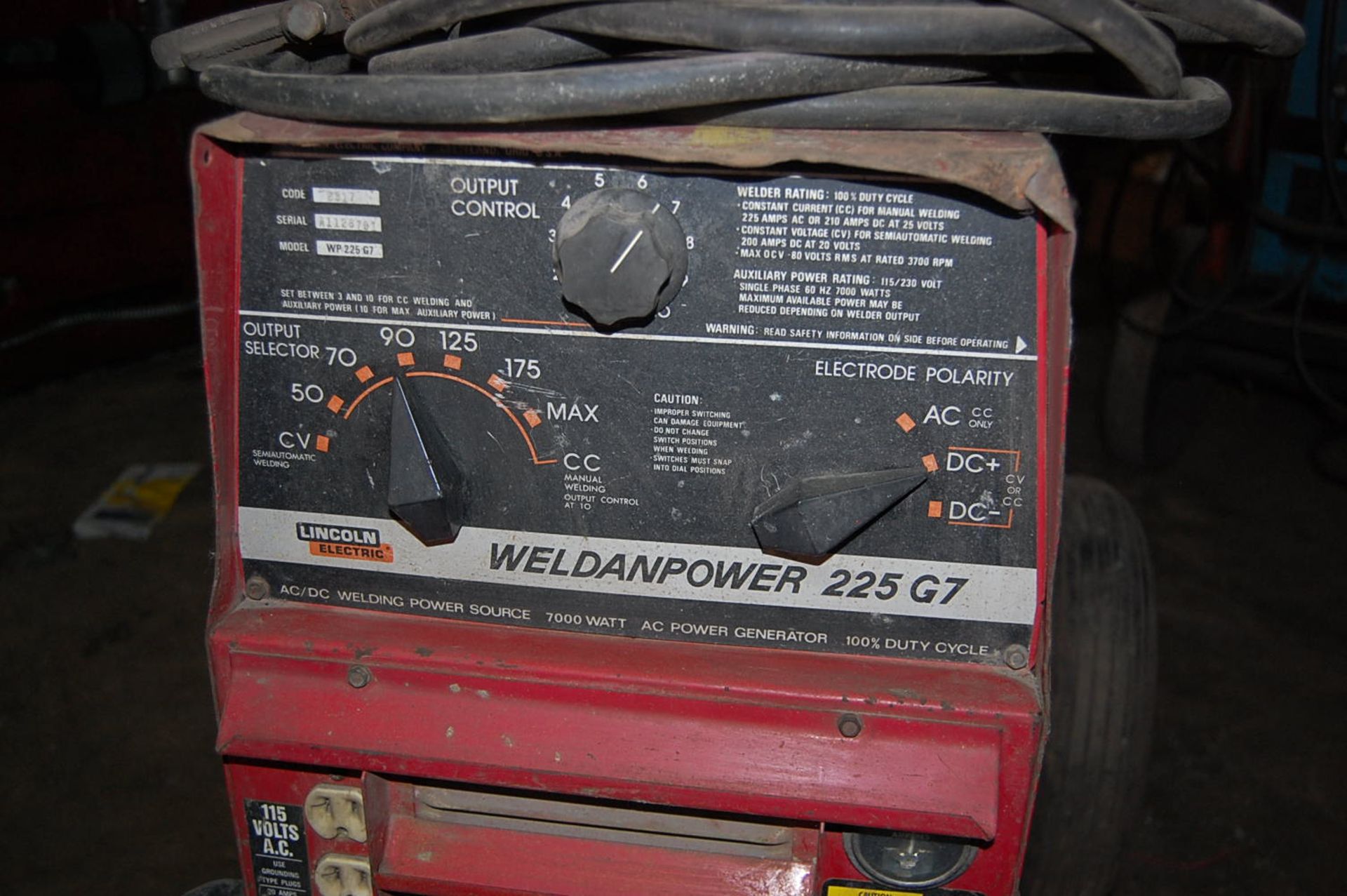 Lincoln Weldanpower 225-G7 Gasoline Operated Welder, Model #WP-225-G7, Code #9317, SN A1128701, - Image 3 of 4