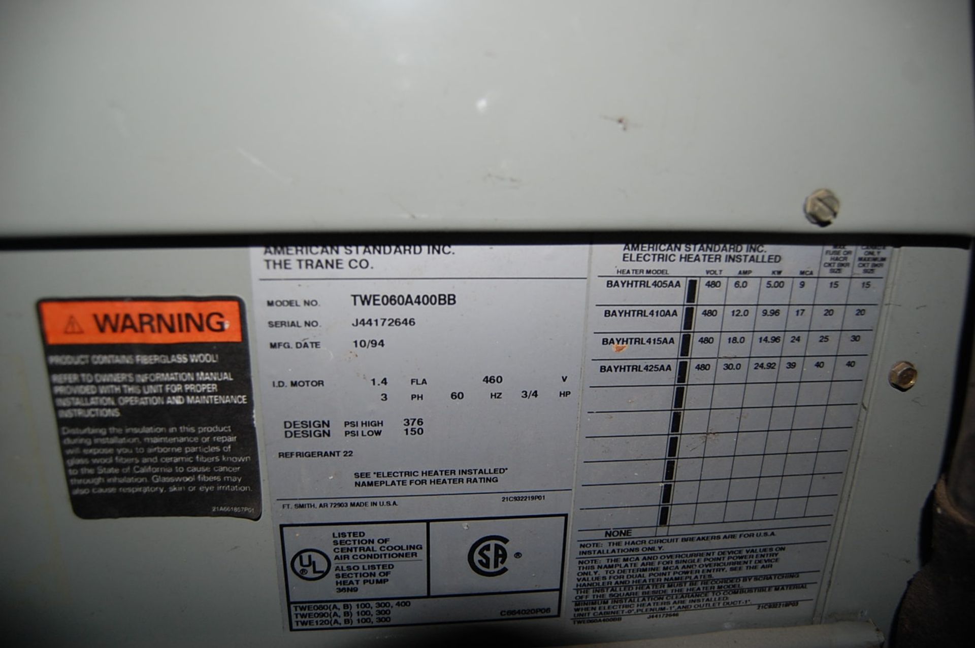 Trane Model #TWE060400BB Air Conditioning Unit, SN J44172646 - Image 2 of 2