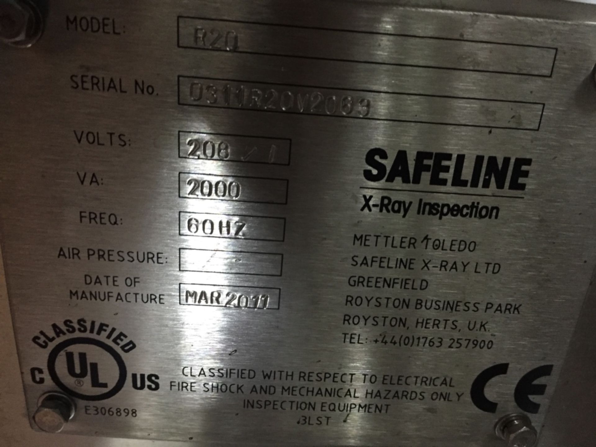 Safeline X-Ray Inspection Unit Model R20 S/N 0311R20V2069 YEAR 2011 - Rigging Fee $150, - Image 2 of 2