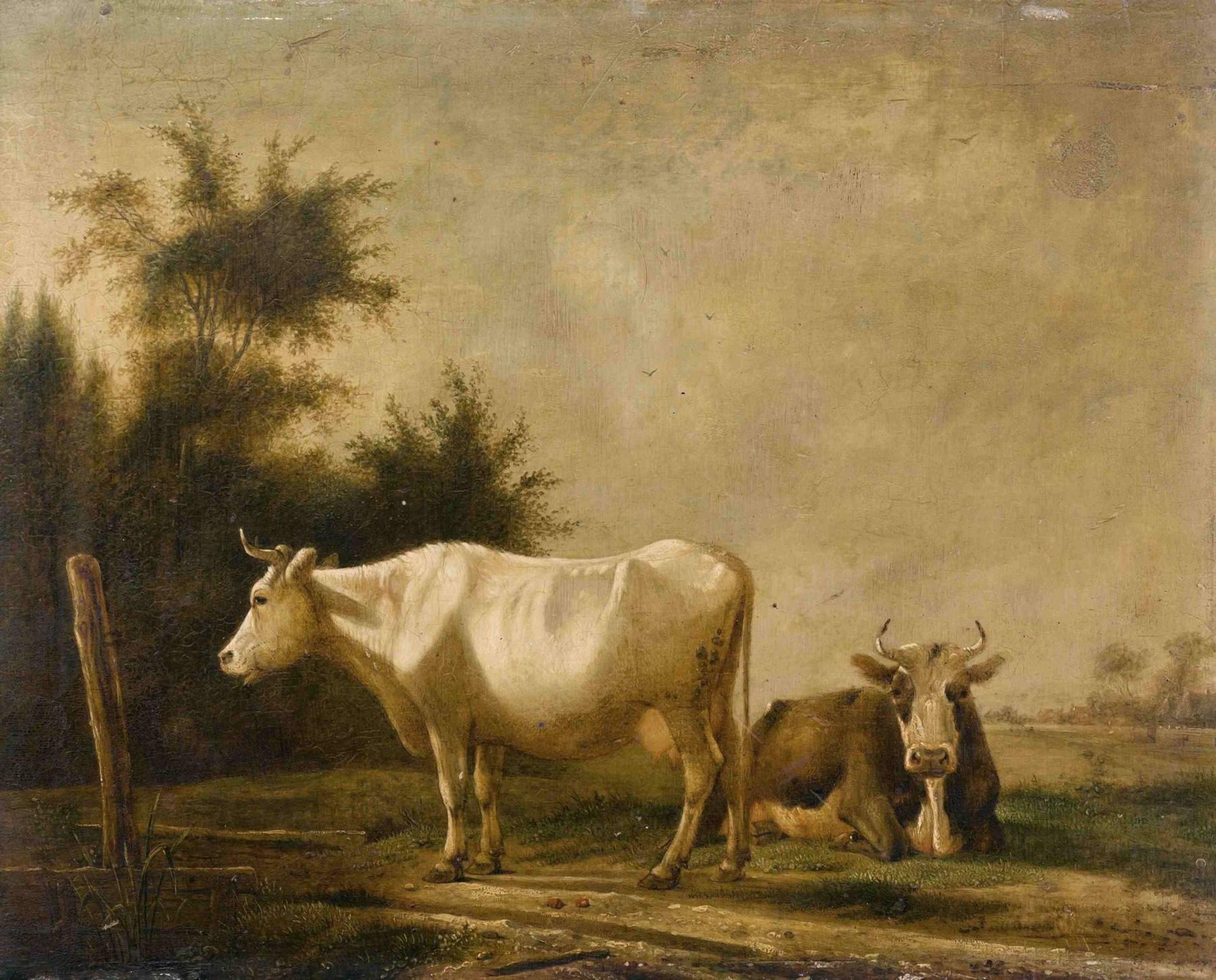 Holland, 1.Hälfte 19.Jh.
Kühe auf der Weide. Links in der Mitte Reste eines Monogramms DvC. Öl auf