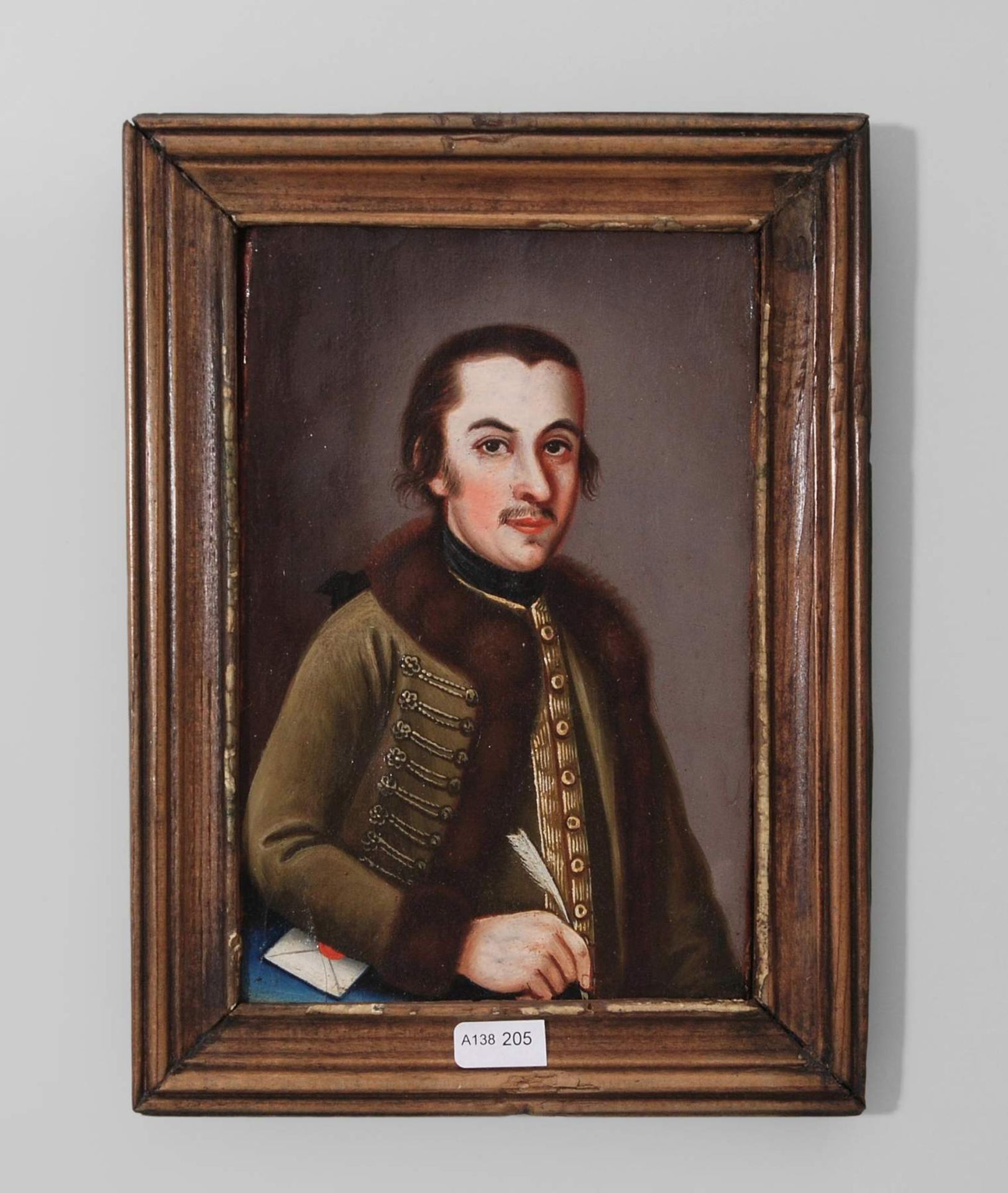 Herrenporträt
19.Jh. Öl/Lwd auf Holz. Darstellung eines jungen Herrn in grünem, mit Pelz gesäumtem