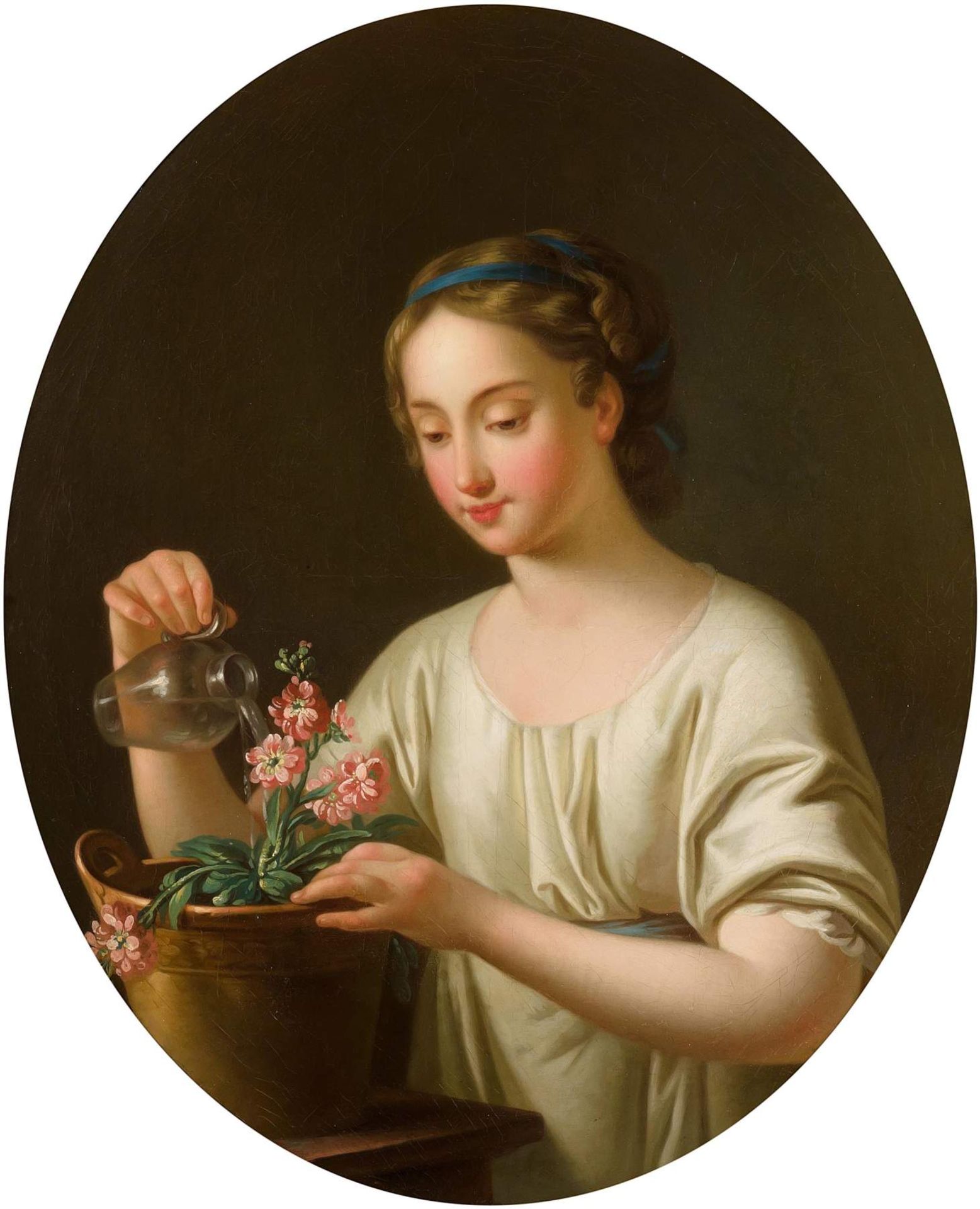 Deutschland, Anfang 19.Jh.
Junges Mädchen beim Blumen giessen. Öl auf Leinwand. 82x69,4 cm (