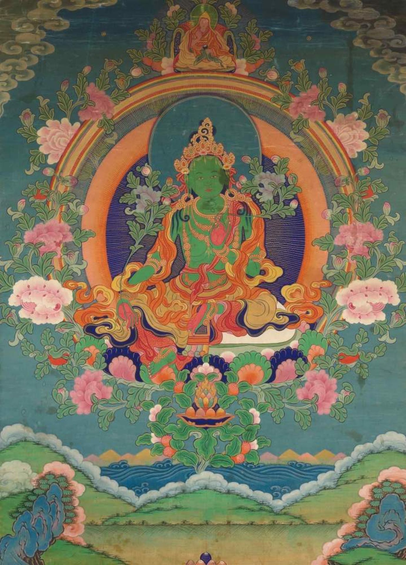 *Thangka der Grünen Tara
Mongolei, 18./19.Jh. Farbe und Gold auf Baumwolle. Die Göttin trägt