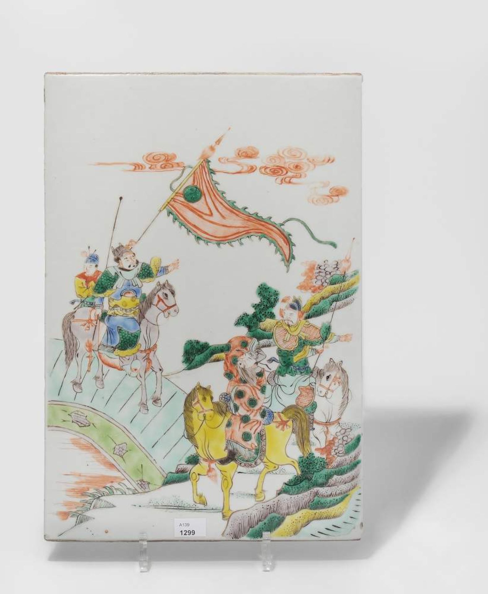 Porzellanbild
China, 1.Hälfte 20.Jh. Angehörige des Kaiserhofs zu Pferd. 38,5x25,5 cm.