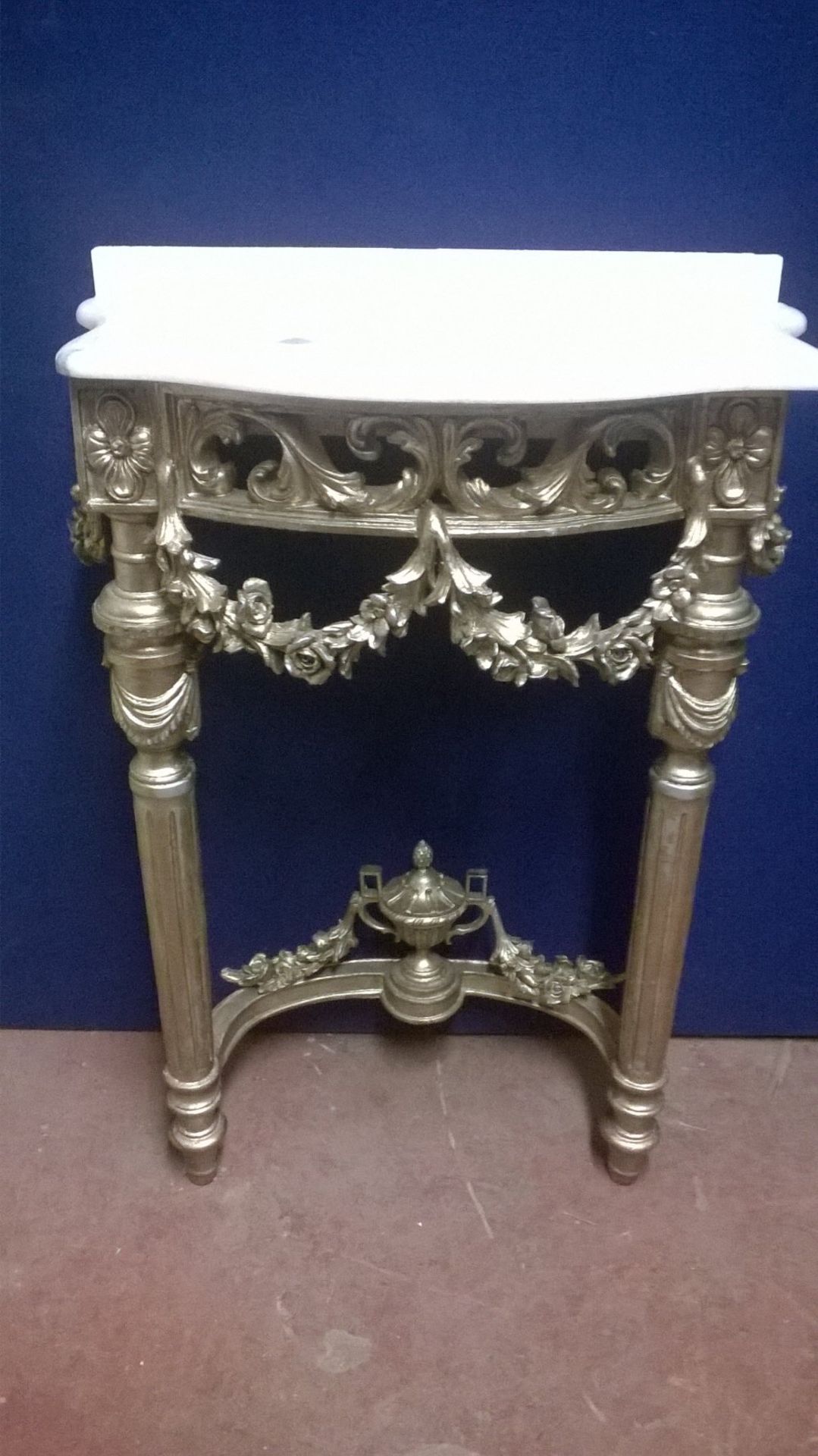 Silver Gilt Effect Metal Framed Salon Styling Station / Console Table with Marble Top - Image 2 of 8