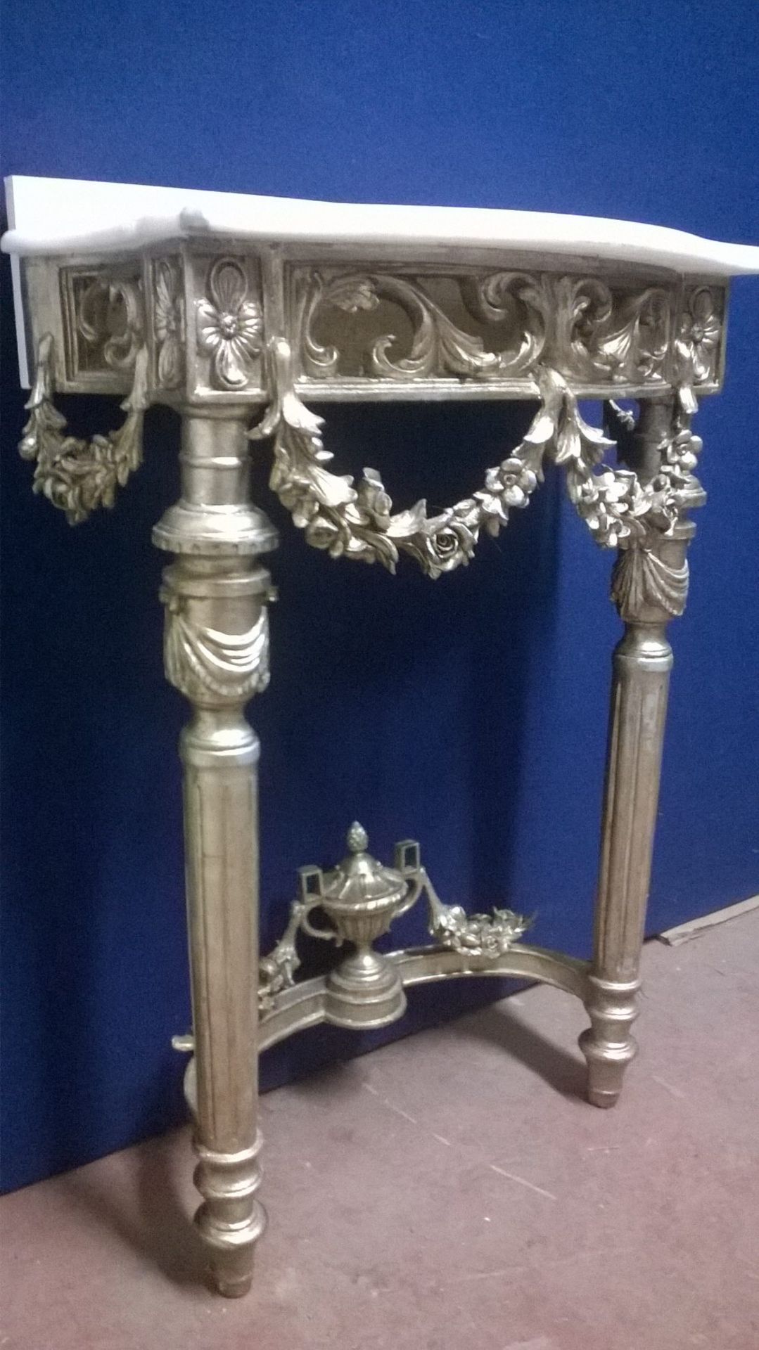 Silver Gilt Effect Metal Framed Salon Styling Station / Console Table with Marble Top - Image 5 of 8