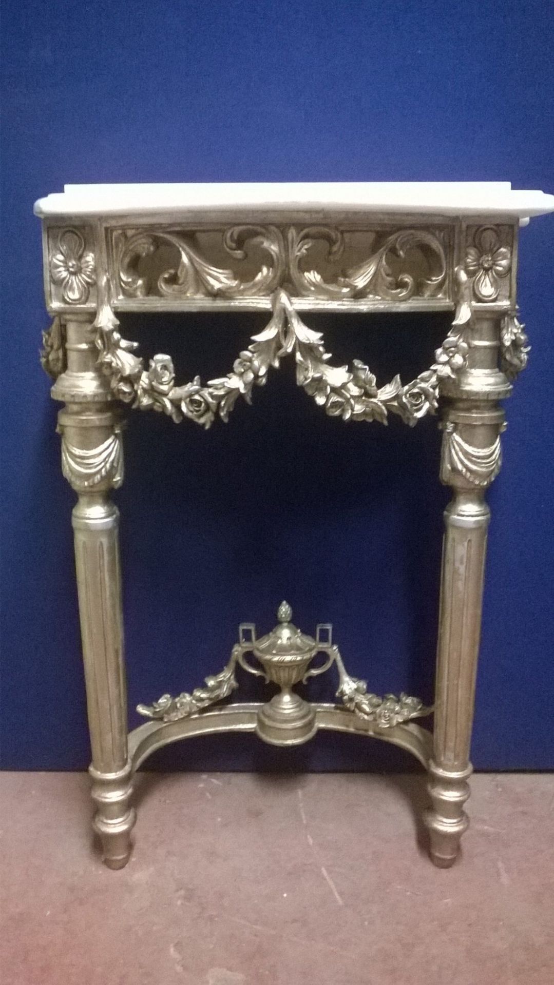 Silver Gilt Effect Metal Framed Salon Styling Station / Console Table with Marble Top - Image 3 of 8