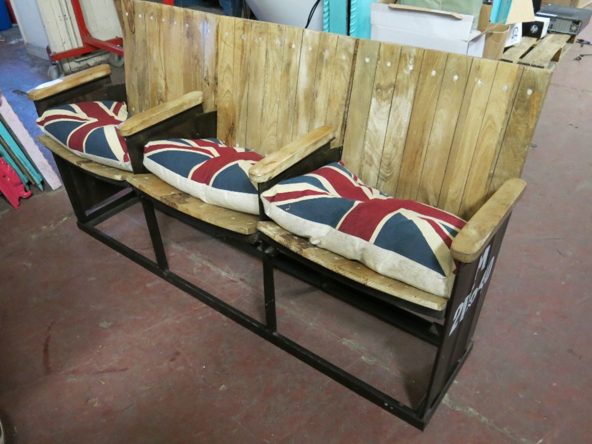 Andy Thornton Industrial Three Seat Theatre Bench with Union Jack Cushions