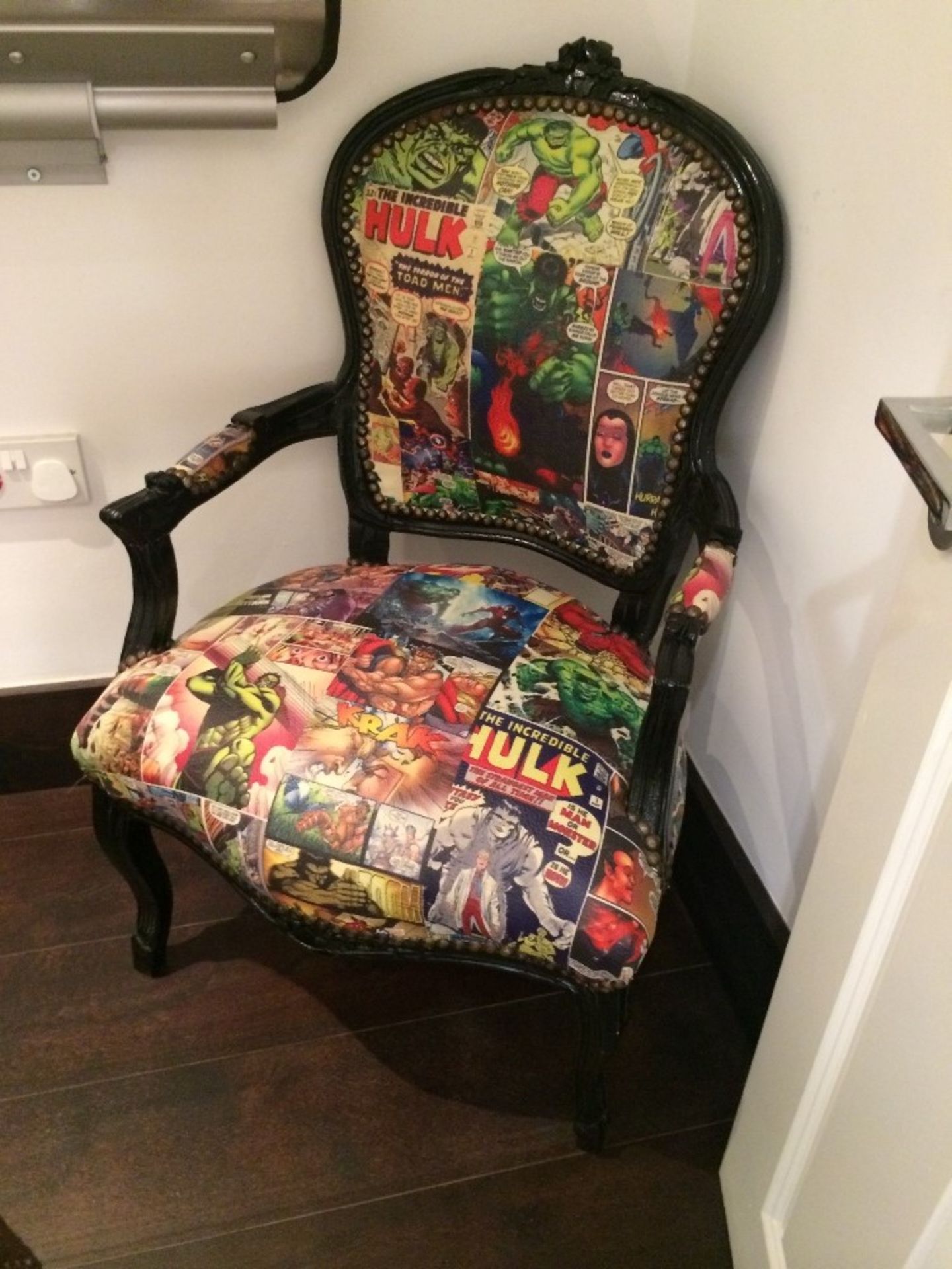 Louis Decoupage Style Reception Armchair featuring the Incredible Hulk & Superhero Comic Book Finish