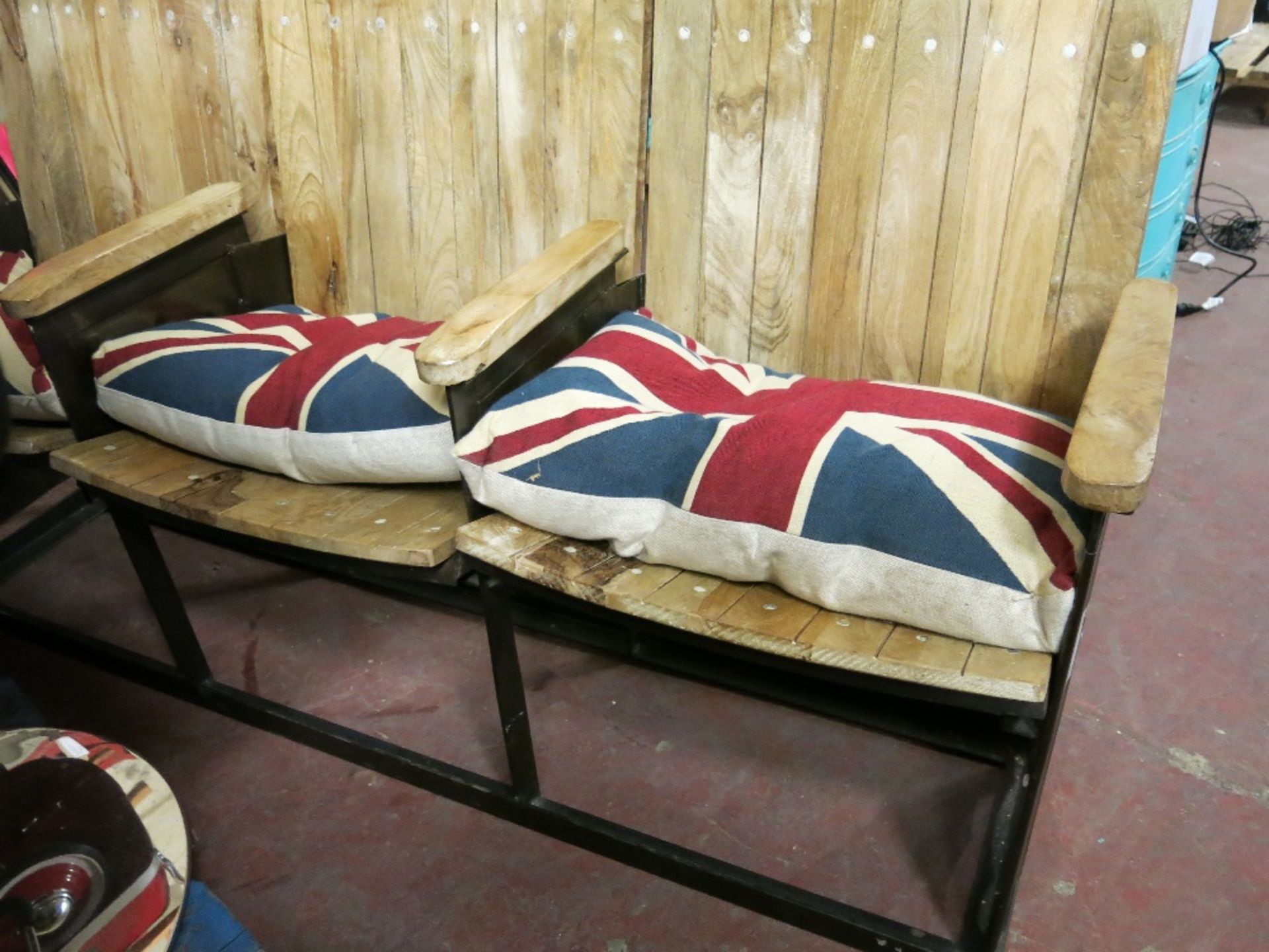 Andy Thornton Industrial Three Seat Theatre Bench with Union Jack Cushions - Image 2 of 11