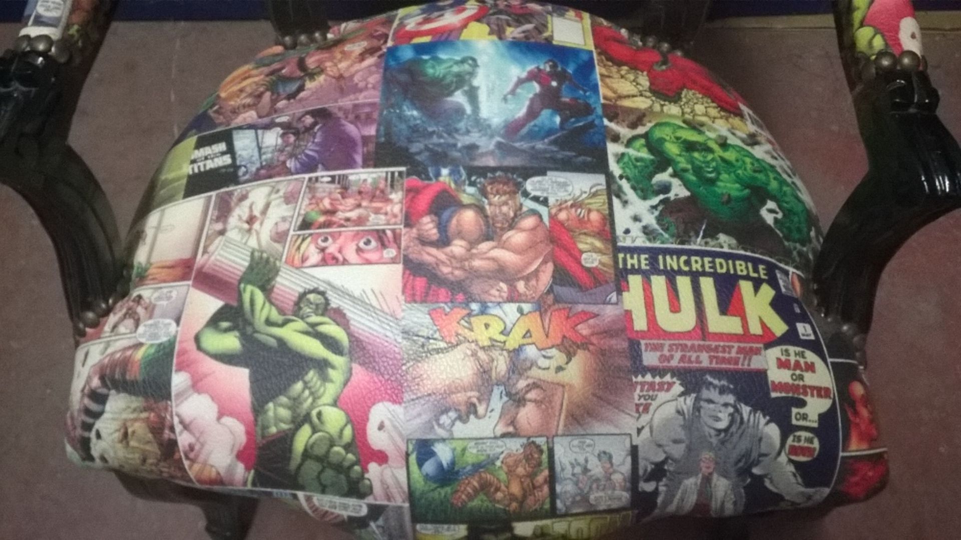 Louis Decoupage Style Reception Armchair featuring the Incredible Hulk & Superhero Comic Book Finish - Image 5 of 8