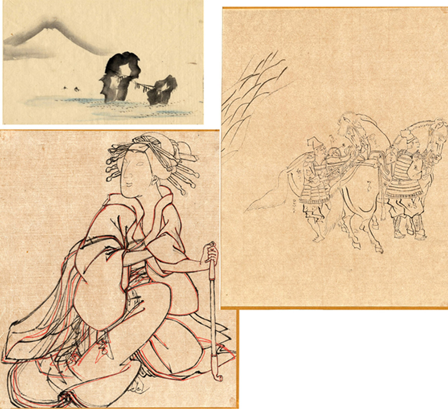 Drei Zeichnungen  a) Tuschezeichnung auf dünnem Papier. 26,5 x 20 cm. Meiji-Zeit. Zwei Krieger