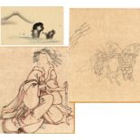 Drei Zeichnungen  a) Tuschezeichnung auf dünnem Papier. 26,5 x 20 cm. Meiji-Zeit. Zwei Krieger