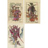 Three Woodcuts  Ca. 39 x 28 cm. Colored woodcuts from the Shaanxi region. Two actors of the Peking-