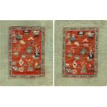 Two silk embroidery, Qing period 19th cent  Embroidered red Satin 24.5 x 16 cm, surrounded by