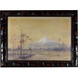 Fuji-Landschaft, T.H. Watanabe um 1900  33 x 49 cm. Aquarellfarben auf Papier. Winterlandschaft,