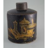 Chinoiserie tea box ca. 1920  H. 17 cm, D. 13 cm. Cylindrical can with slip lid. The can is