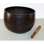 Bronze singing bowl  H. 23 cm, D. 33.5 cm. Half round embossed bowl, downside hammered with circles.
