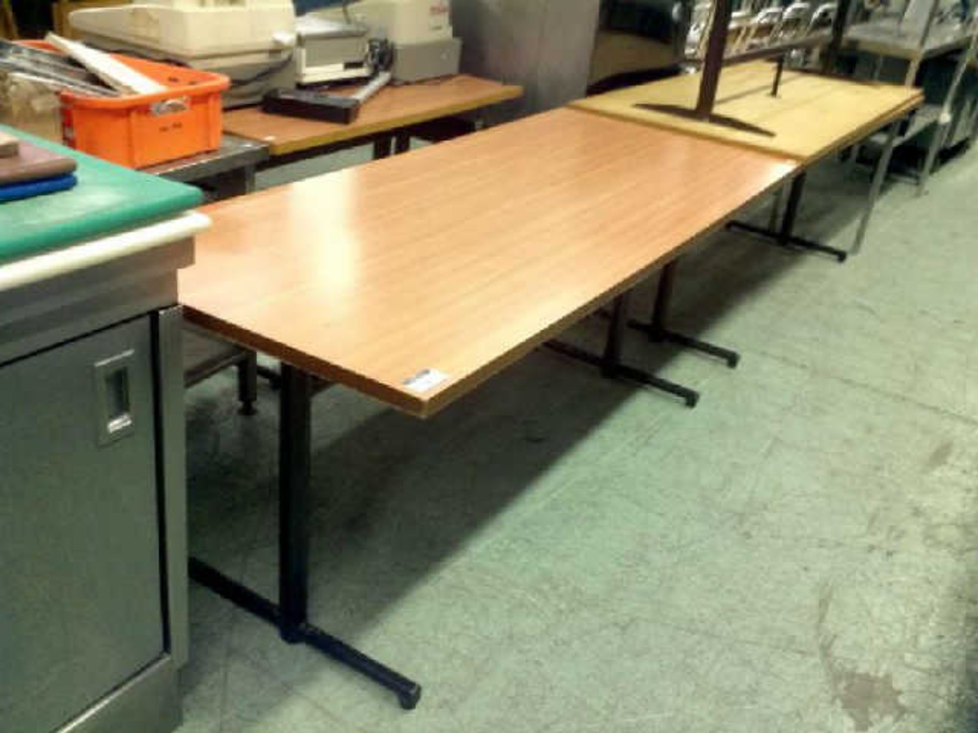 THREE LARGE RECTANGULAR DINING TABLES ON METAL TRESEL SUPPORTS