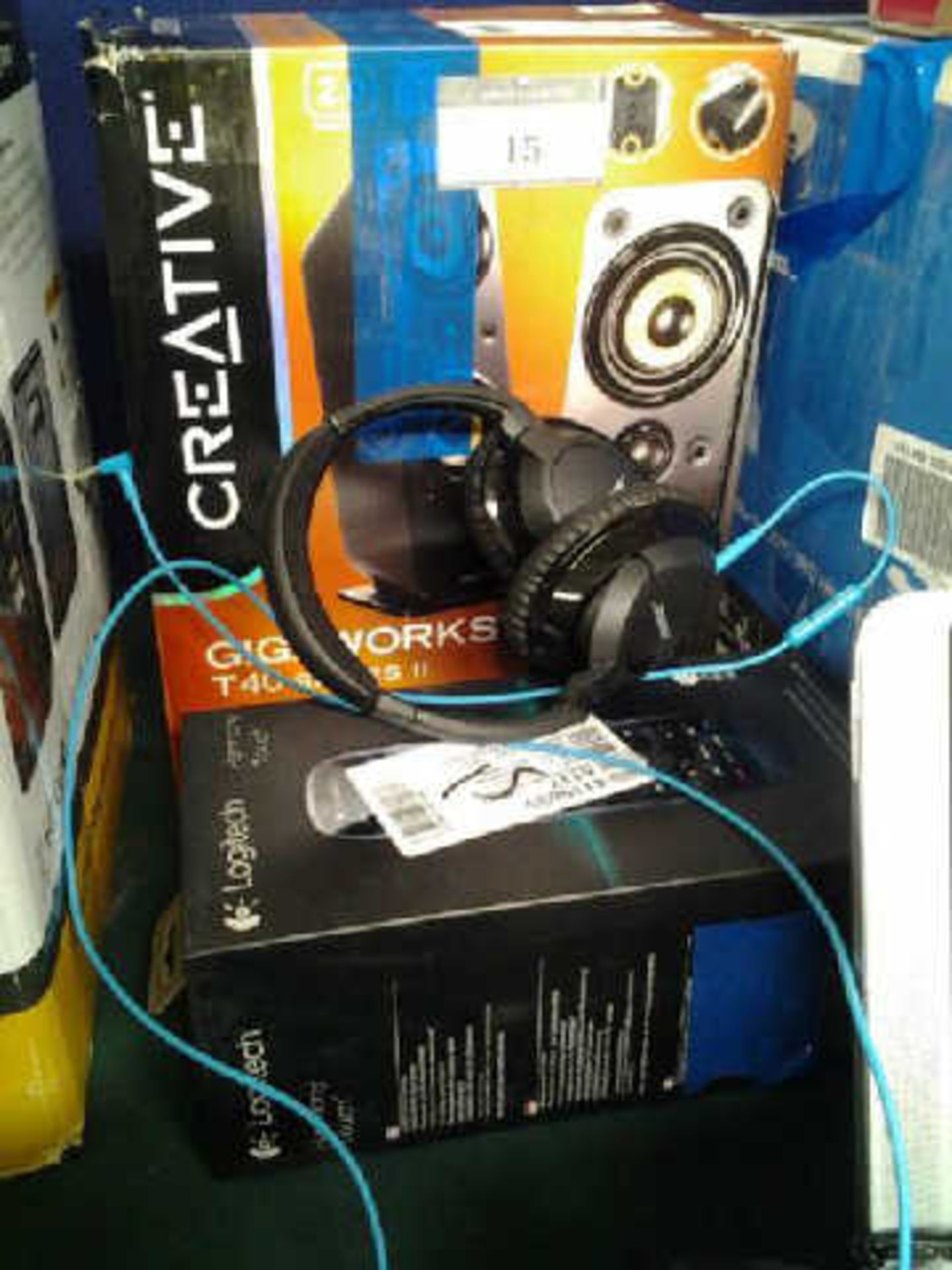 BOSE HEADPHONES,  LOGITECH HARMONY TOUCH REMOTE AND CREATIVE GIGAWORKS SPEAKERS