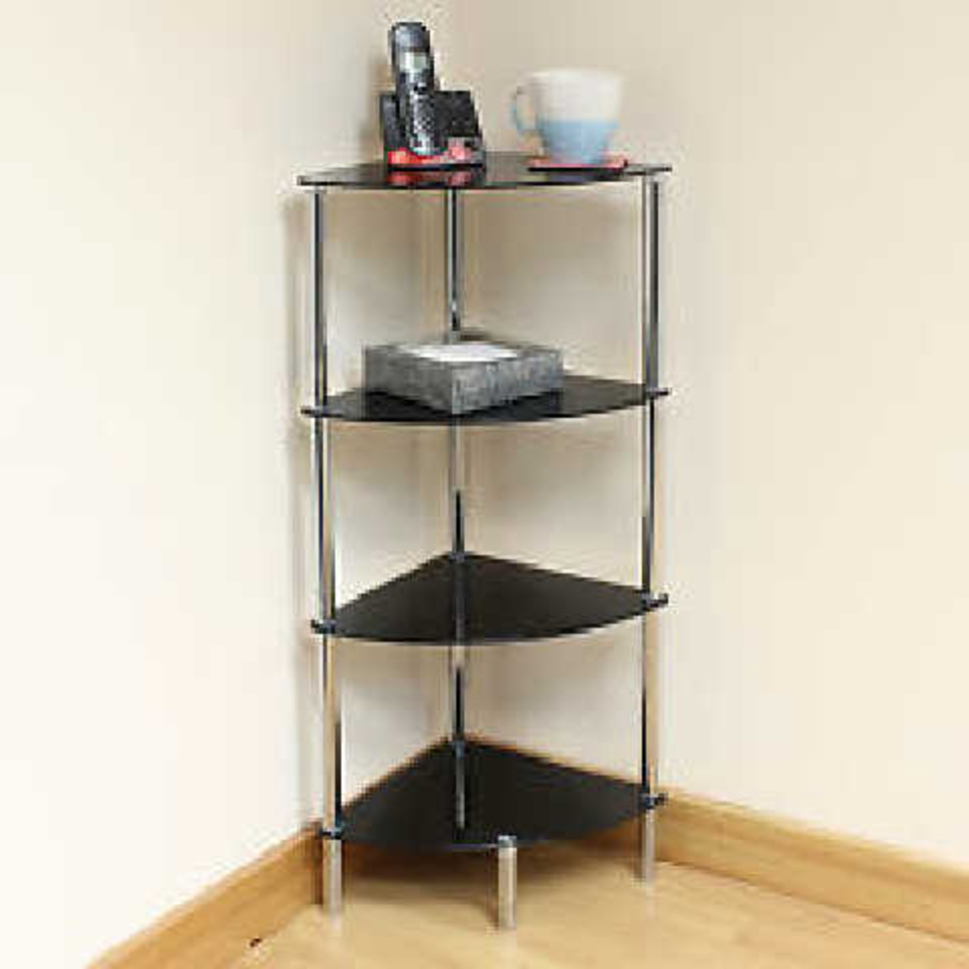 2 BRAND NEW 5-TIERED, CHROME SUPPORTED GLASS DISPLAY SHELVES. RRP Â£169.95 EACH. (4 BOXES - BS3)...