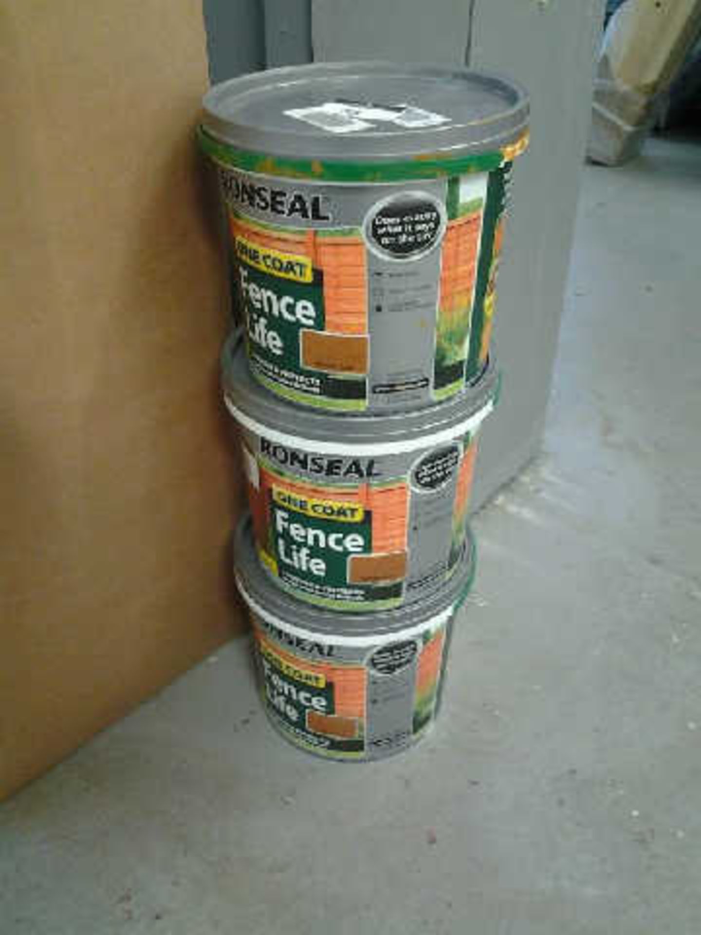 THREE TINS OF RONSEAL FENCE PAINT RRP Â£110.00