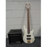 A Yamaha electric bass guitar, model BBG4511 (pearl snow white) and Crate practice amp
