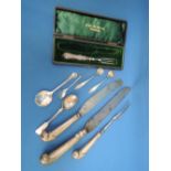 A selection of HM silver and white metal flatware including HM silver handled carving knife, fork