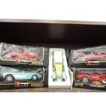 Four Burago and one Franklin Mint 1/18 scale diecast vintage cars, all boxed