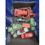 A box of Dinky diecast vehicles including; a Austin Atlantic car, a Fordson flat wagon etc