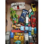 A box of mixed diecast vehicles including; a Dinky UFO Interceptor, a Corgi Buick Riviera etc